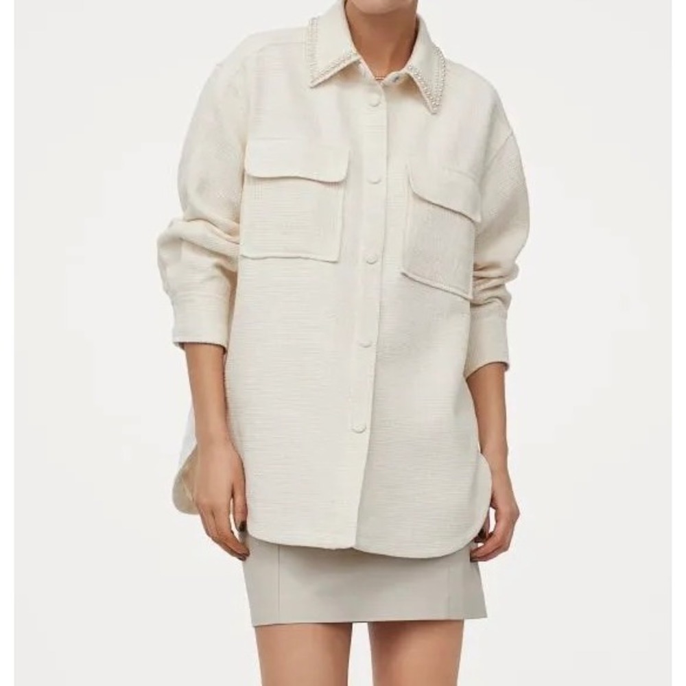 H&M Womens Pearl Trim Collar Textured Knit Shirt‎ Jacket Cotton Oversized Small